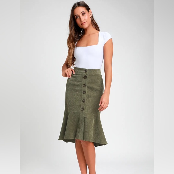 Lulus Doing My Thing Olive Green Corduroy Trumpet Hem Midi Skirt - Picture 4 of 7